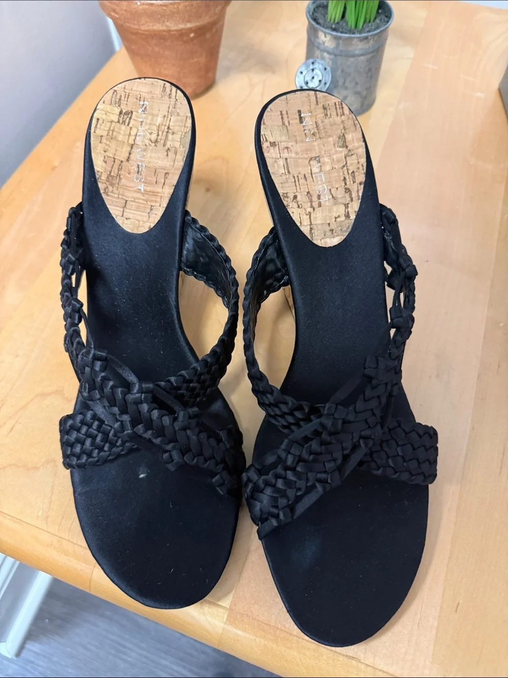 Nine West Black Braided Cork Wedge Sandals